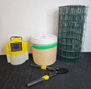 lot 330 image: Farm Supplies Set with Bird Feeders, Wire Spool, and Crimping Tool