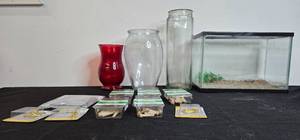 lot 333 image: Set of 3 Glass Vases, Fish Tank, and Assorted Wall Anchors