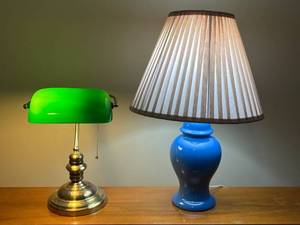 lot 337 image: Pair of Table Lamps Brass with Green Shade and Blue Ceramic with Pleated Shade