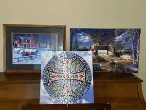 lot 342 image: Set of 2 Framed and Assembled Jigsaw Puzzles with Framed Winter Scene Print