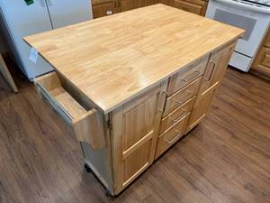 lot 351 image: Wooden Kitchen Island Cart with Extended Table and Stool