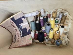 lot 389 image: Large Collection of Assorted Sewing Thread and Quilting Guide in Wicker Storage Basket