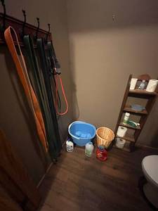 lot 395 image: Wooden Shelf, Collection of Household Cleaning and Organizing Supplies (contents unverified) & Pet Leashes