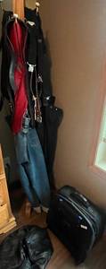 lot 398 image: Assorted Clothing and Accessories with Suitcase and Bag and Wooden CoatClothes Rack