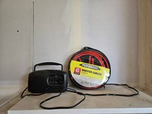lot 411 image: GE AMFM Radio and Performax 6 Gauge Booster Cables Set