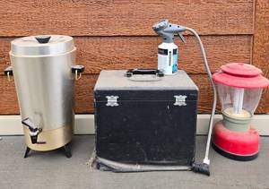lot 413 image: Vintage Coffee Dispenser, Storage Box with Sprayer, and Red Lantern Set