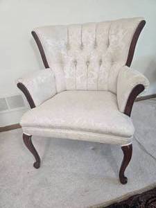 lot 74 image: Lovely Vintage Pearl Floral Upholstered Tufted Wingback Armchair