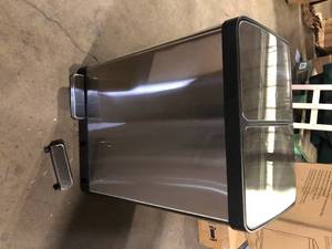 lot 37 image: Touchless 16 Gal Stainless Steel Rectangular Metal Household Trash Can and Recycle Bin, Trash Sticker, and Dual Odor Filters One Foot Step Broken Customer Returns See Pictures