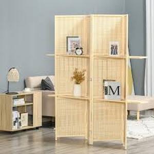 lot 25 image: 6 ft. Tall Natural 4-Panel Bamboo Room Divider, Folding Privacy Screen Panels with 2-Shelves for Indoor Bedroom Office by HOMCOM   Customer Returns See Pictures