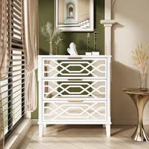 lot 36 image: FUFU&GAGA 3-Drawers White Wood Mirrored Paint Nightstands Bedside Table with Mirror Finish (28.5 in. H x 11.8 in. D x 26 in. W) Customer Returns See Pictures