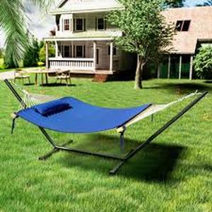 lot 32 image: VEIKOUS 12 ft. Quilted 2-Person Hammock Bed with Stand and Detachable Pillow in Dark Blue Customer Returns See Pictures