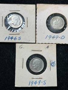 lot 46 image: 3 US SILVER ROOSEVELT DIMES 1946S 1949D-S