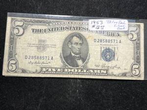 lot 119 image: 1953 US BLUE SEAL $5 SILVER CERTIFICATE