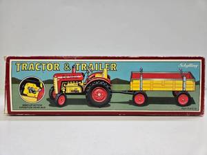 lot 217 image: Vintage Style SCHYLLING Tin Litho Wind-Up Tractor & Trailer Toy wBox