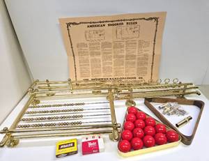 lot 228 image: Unused Brunswick Balke Collender Company Brass Snooker  Billiards Rack Stick Holder Scoreboard etc