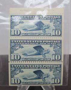 lot 119 image: 3 Uncut Old Lindbergh 10 Cent US Air Mail Stamps