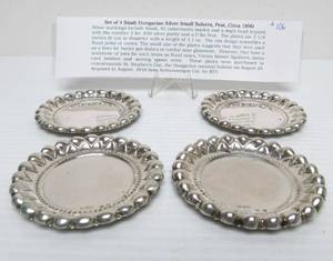 lot 106 image: Fantastic Antique Austrian Silver Collection #6 - Set of 4 Sasdi Hungarian Small Salvers  Plates