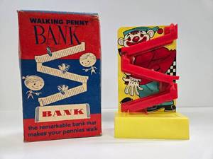 lot 176 image: Vintage Tin WALKING PENNY Bank wOriginal Box