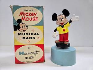 lot 182 image: Old Vintage Disney MICKEY MOUSE Musical Bank by Hankscraft - In Original Box