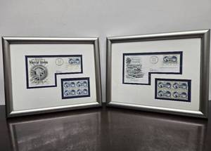 lot 380 image: 2 Vintage Framed Displays 1960 Wheels of Freedom 1st Day Stamps - Automotive Industry