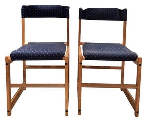 lot 34 image: Set of 2 Wooden Chairs with Patterned Blue Cushions