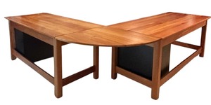 lot 14 image: Board & Room Three Pine Piece L Shaped Desk and Two File Cabinets