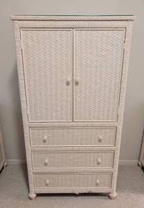lot 11 image: White Wicker ArmoireEntertainment Cabinet