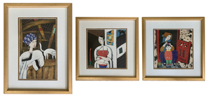 lot 75 image: Three Colorful Paintings of Women and Cats