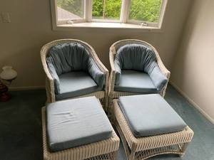 lot 27 image: Two White Wicker Chairs with Ottomans