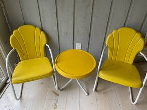 Mid Century Yellow Metal Lawn Chairs  and Matching Table