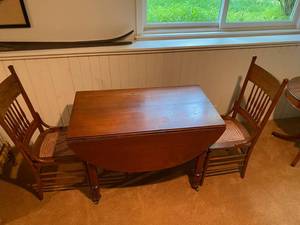 lot 50 image: Solid Wood Drop Leaf Dining Table with Two Chairs