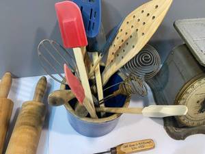 lot 121 image: Vintage ScalePeelerRolling PinsApronsKitchen Tools