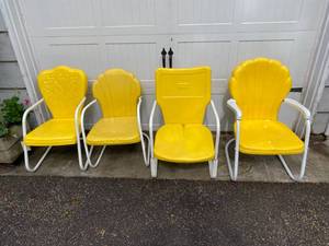 lot 130 image: Four Vintage Yellow Outdoor Metal Chairs