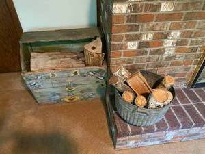 lot 153 image: Vintage Scandinavian Folk Art Painted Wood Firewood Box and Galvanized Container for Logs