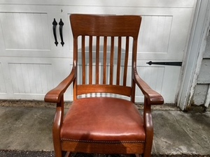 lot 124 image: Antique Mission Oak Rocker with Leather Seat