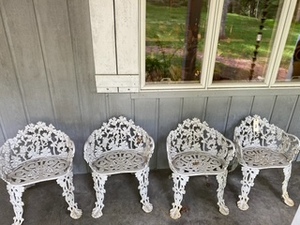 lot 170 image: White Cast Iron Garden Chairs (Set of 4)