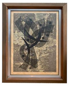 lot 86 image: Midcentury Framed Abstract Ink Drawing and Desiderata poem by Max Ehrmann