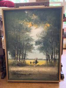 lot 88 image: Midcentury Original Oil Painting of Figure on Horse in a Beautiful Valley with Cows
