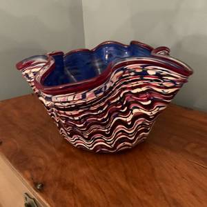 lot 272 image: Handblown Brightly Colored Art Glass Bowl, signed (unintelligible ___ Hopkins) by artist