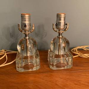 lot 273 image: MCM Heavy Clear Glass Orb on Cube Lamp Pair