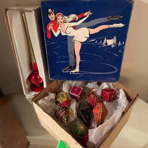 lot 294 image: Vintage MCM Handmade Fabric Sequin Ornaments and Vintage Skate Box with Fun Illustration
