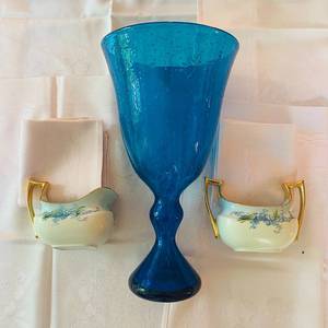 lot 195 image: Handblown Vase from Paris and Wonderful Painted Cream and Sugar Servers