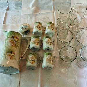 lot 218 image: Painted Porcelain Chocolate Set and Clear Dotted Drinkware