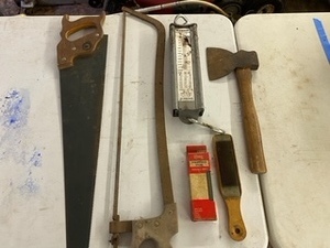lot 235 image: Disston Vintage Hand Saw  Meat Saw  Hatchet  Hanson Sportsman Scale  Sharpening Stone