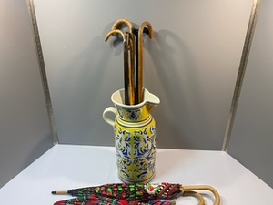 lot 83 image: Floral Painted Umbrella Stand wVintage Cane Handle Umbrellas