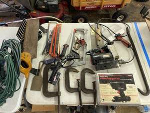 lot 232 image: Scroll Saw  Soldering Gun  Clamps  Hack Saw  Electrical cord