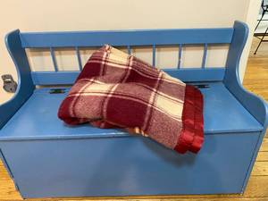 lot 264 image: Blue Painted Wooden Storage Bench and Red Wool Blanket