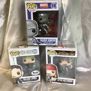lot 69 image: Set of 3 Funko Pop Figures Silver Surfer, Killian Jones, Captain Jack Sparrow