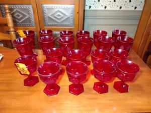 lot 82 image: 21 Fostoria Coin Glass Ruby Red Footed Water  Wine  Sherbet Goblets 4 x 5 and  4 x 6 