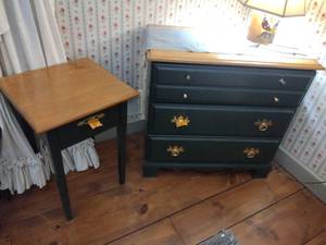 lot 116 image: Wood 3-drawer Dresser, L 31  x H 30 x W 18 1-drawer wood night stand, L 17 x H 24  x W 17